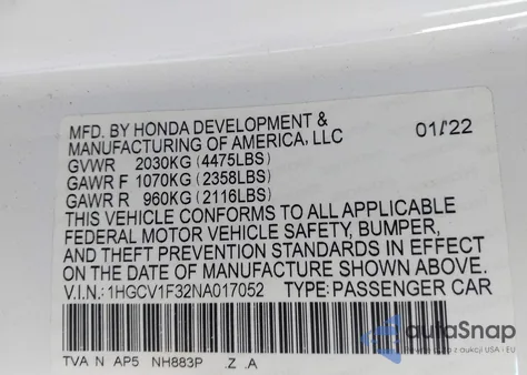 2022 Honda Accord Sport from USA, damaged, VIN 1HGCV1F32NA017052